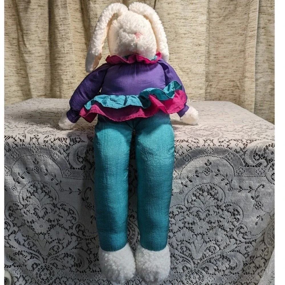 Vintage‎ 80s Bunny Rabbit Plush Doll in Nylon Tracksuit Windbreaker Cottagecore